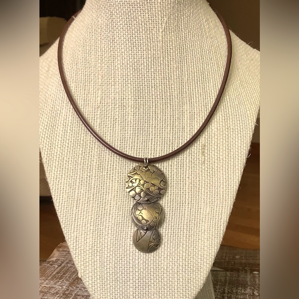 Repurposed Recycled Mixed Metal Vintage Embossed Brass and Leather Necklace.